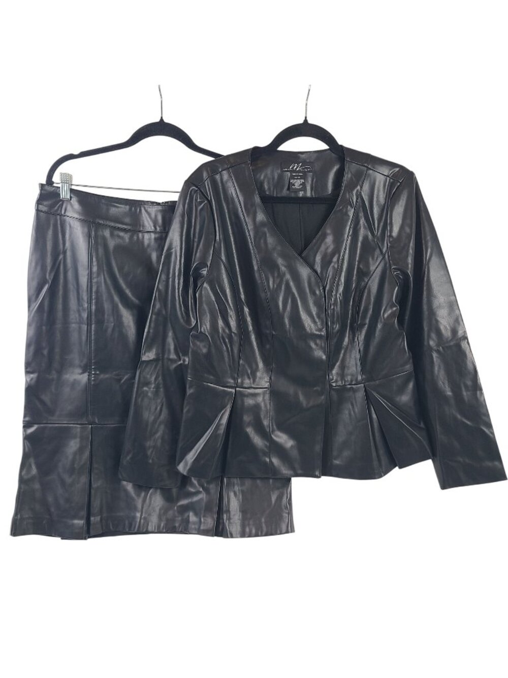 NEW Midnight Velvet Dhyana Faux Leather Skirt Suit Set Size 14 Black
